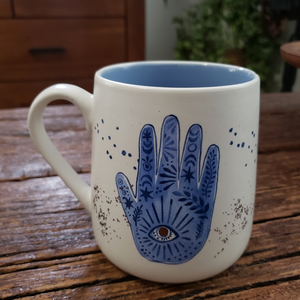 Blue Hansa Hand with Evil Eye Boho Design Ceramic Mug